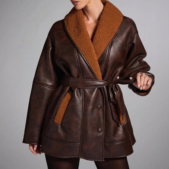 Coffee Brown Casual Women's Shawl Collar Faux Fur Jacket - Picture 4 of 9
